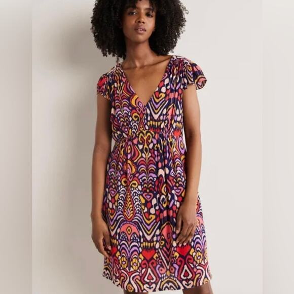 Boden Grace Flutter Sleeve Dress Navy Ikat Mini Crinkle Pockets Size 2R Pockets - Picture 2 of 16